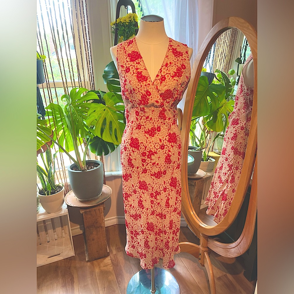 Vintage 90s Red & White Floral Print Maxi Sleeveless V-Neck Slip Dress Sz Small - Picture 3 of 12